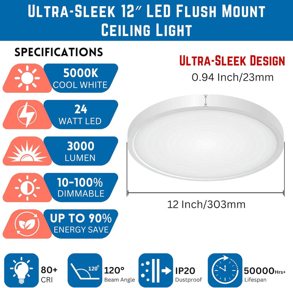 12-Inch Dimmable LED Flush Mount Ceiling Lights Fixture, 24W (240W Equivalent) 3000LM, 5000K Cool White, Low Profile Round Surface Mount Light for Bedroom, Dining Room, Kitchen ETL Listed - OHM-1263