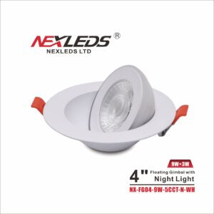 4 Inch 9 W Floating Gimbal with Night Light, Color Adjustable, White Trim - NX-FG04-9W-5CCT-N-WH