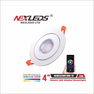 4 in. 10W White/Round Trim LED Gimbal Smart Integrated Light (RGB), Color Adjustable 2700 to 6500K - NXW504WE1WH-10